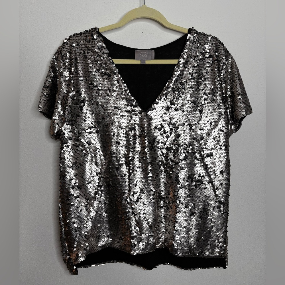 Anthropologie Silver Sequin Short Sleeve Top